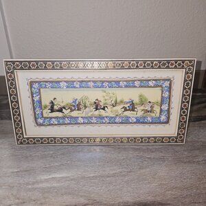 Vintage Persian Miniature Painting of Polo Scene In Khatam Frame